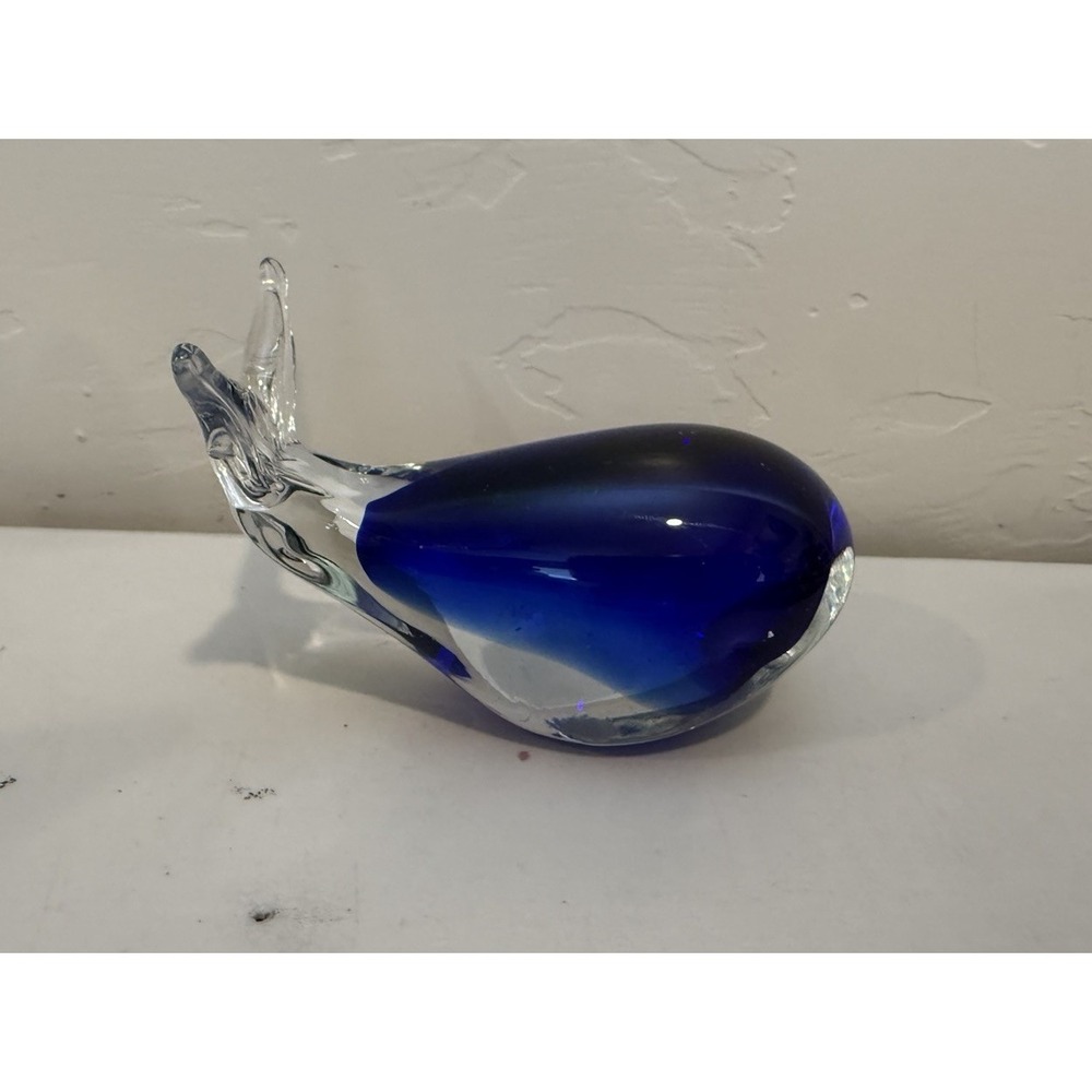 Vintage Murano Style Hand Blown Cobalt- Blue Art Glass Whale Paper Weight